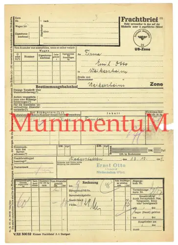 Frachtbrief Glaserei E. Otto NIEDERSTETTEN nach WEIKERSHEIM 1949 US-ZONE Fenster