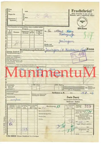 Frachtbrief Fahrzeugteile-Großhandlung Franz HEILBRONN n. JESINGEN 1949 US-ZONE