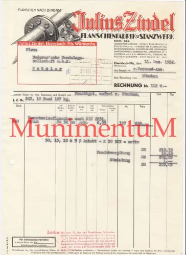 Flanschenfabrik Stanzwerk Julius Zindel EBERSBACH FILS - Rechnung Reklame 1952