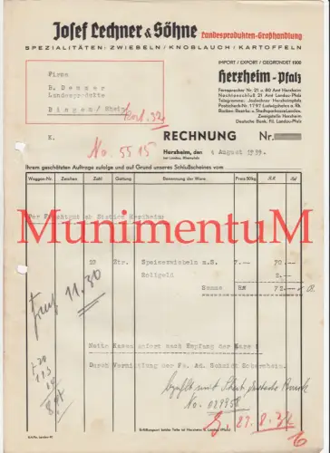 Großhandlung Lechner & Söhne HERXHEIM Pfalz - Rechnung 1939 Frachtgut Rollgeld