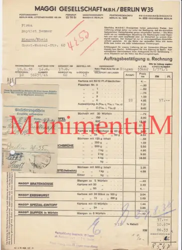 Maggi Gesellschaft BERLIN - Rechnung 1938 nach BINGEN mit Einlieferungsschein!