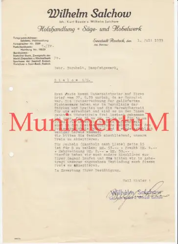 Holzhandlung Sägewerk Hobelwerk W. Salchow ROSTOCK - Rechnung Schreiben 1939