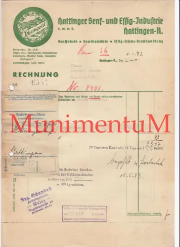 Hattinger Senf- & Essig-Industrie HATTINGEN - Rechnung 1943 Schambach MAINZ