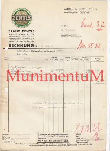 Marmeladenfabrik Zentis AACHEN - Rechnung 1939 , Lieferung durch Auto n. BINGEN