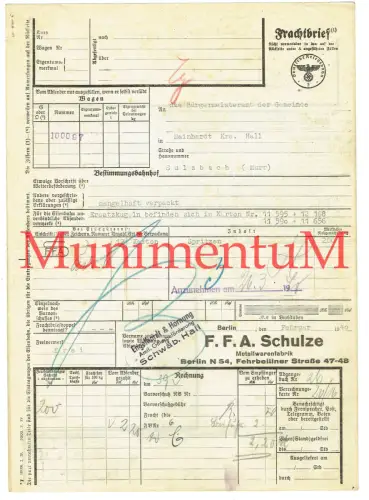Frachtbrief Metallwarenfabrik Schulze SCHWÄBISCH HALL / BERLIN 1940 von Spritzen