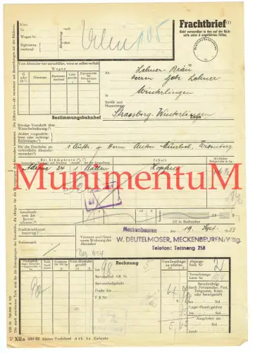 Frachtbrief Deutelmoser MECKENBEUREN n. STRAßBERG-WINTERLINGEN 1953 TETTNANG