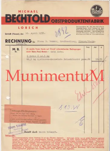 Obstproduktenfabrik M. Bechtold in LORSCH - Rechnung Briefbogen Werbung 1938