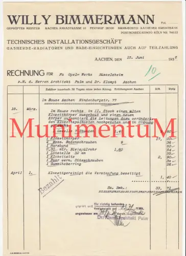Techn. Insallationsgeschäft W. Bimmermann AACHEN Rechnung OPEL RÜSSELSHEIM 1936