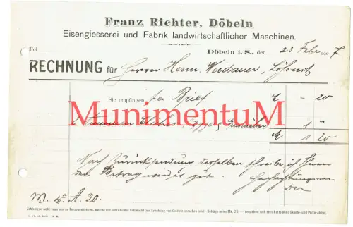 Rechnung 1907 Eisengiesserei + Fabrik Landw. Maschinen Franz Richter DÖBELN R245