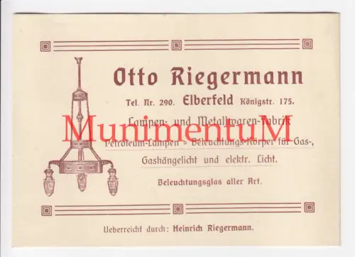 Lampen- & Metallwaren-Fabrik Otto Riegermann ELBERFELD - Visitenkarte 1900er J.?