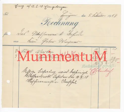 Wasserwerk INHEIDEN - Rechnung zu HUNGEN bei LICH GIEßEN 1918