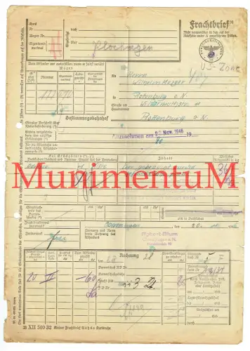 Frachtbrief Robert Blum OBERESSLINGEN nach ROTTENBURG 1946 US-ZONE Stempel