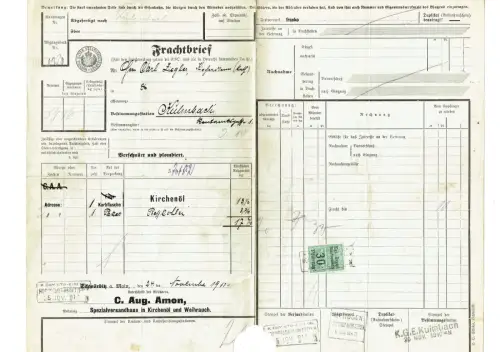Frachtbrief 1910 Kirchenöl Weihrauch Presskohlen SCHWÜRBITZ KULMBACH Amon #60