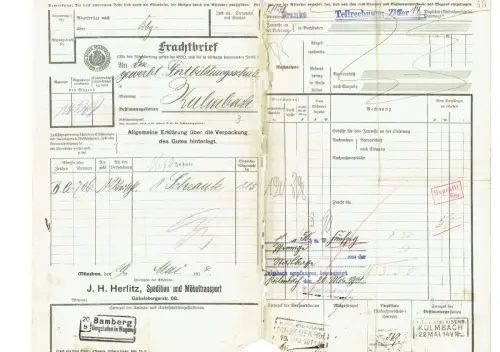 Frachtbrief 1914 MÜNCHEN Herlitz Spedition Möbeltransport KULMBACH #32