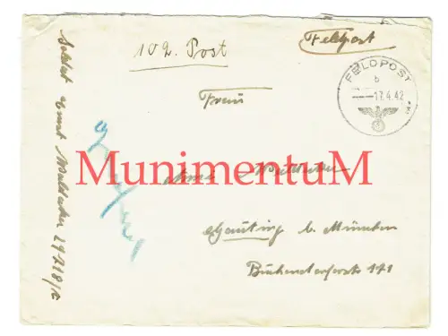 leerer Feldpostbrief 1942 Infaterie-Regiment Nr. 311 (ALLENSTEIN) nach GAUTING