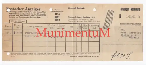 Rostocker Anzeiger - Rechnung Inserat Pferdepfleger gesucht GIELOW 1918 ROSTOCK