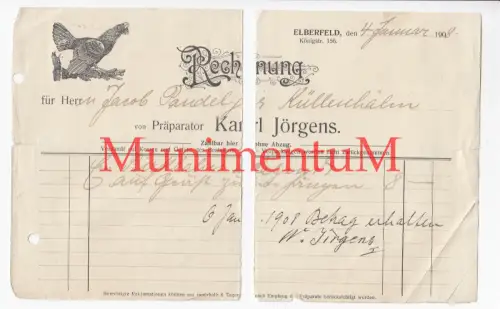 Präparator Karl Jörgens ELBERFELD - Rechnung 1908 für Birkhahn auf Geäst | JAGD