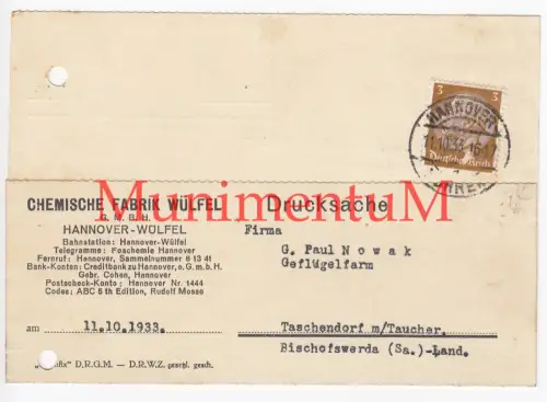 Chemische Fabrik Würfel GmbH HANNOVER - Rechnung 1933 per Postkarte