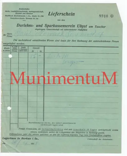 Darhlehns- u. Sparkassenverein UHYST - Lieferschein Lagerhaus BURKAU 1938