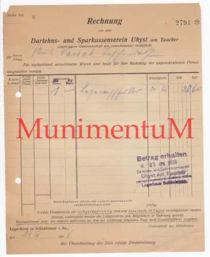 Darlehns- & Sparkassenverein UHYST am Taucher - Rechnung 1936 Lager SCHÖNBRUNN