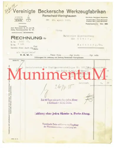 Vereinigte Beckersche Werkzeugfabriken REMSCHEID-VIERINGHAUSEN - Rechnung 1925