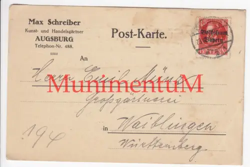 Kunst- & Handelsgärtner Max Schreiber AUGSBURG - Postkarte Nelken Flieder 1919