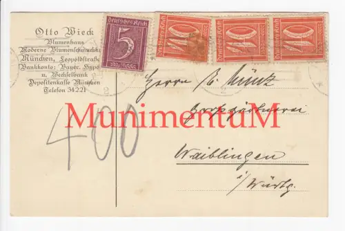 Frima Blumenhaus Otto Wieck MÜNCHEN - Postkarte Abbestellung von Nelken 1922