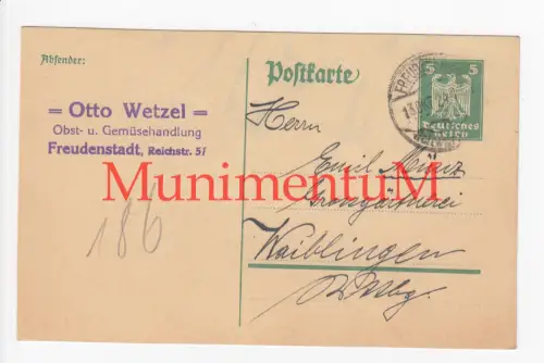 Obst- & Gemüsehandlung Otto Wetzel FREUDENSTADT - Postkarte 1924 n. WAIBLINGEN