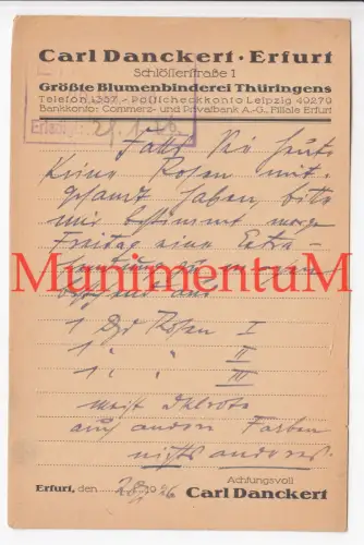 Blumenbinderei Carl Danckert ERFURT - Postkarte Reklame 1926 WAIBLINGEN