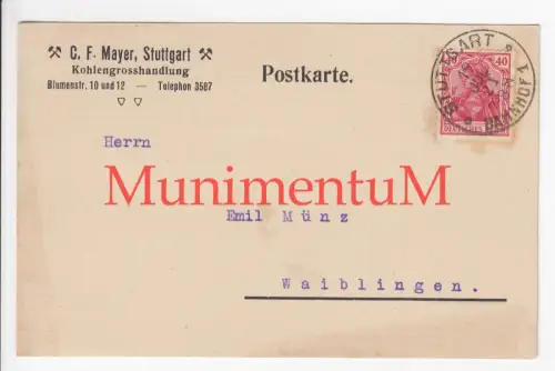 Kohlengroßhandlung C. F. Mayer STUTTGART - Lieferschein 1921 p. Postkarte