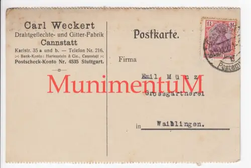 Drahtgeflechte- & Gitterfabrik Carl Weckert CANNSTATT 1922 geschäftl. Postkarte