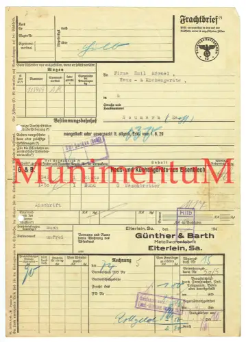 Frachtbrief 1941 Metallwarenfabrik Günther & Barth ELTERLEIN i. Sa. Küchengeräte