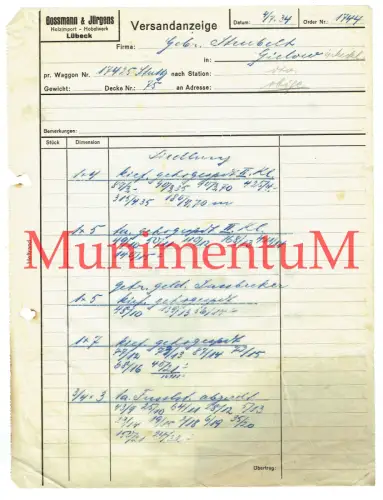 Holzimport & Hobelwerk Gossmann & Jürgens LÜBECK - Versandanzeige 1934