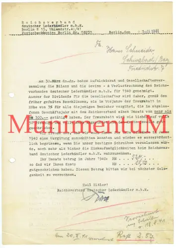 Reichsverband Deutscher Lederhändler BERLIN - Schreiben 1941 nach SCHWABACH
