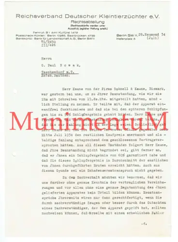 Reichsverband Deutscher Kleintierzüchter BERLIN Schlichtung TASCHENDORF BISMARK
