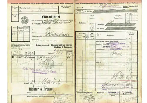 EILFrachtbrief 1915 NÜRNBERG Eisenröhren nach KULMBACH #123