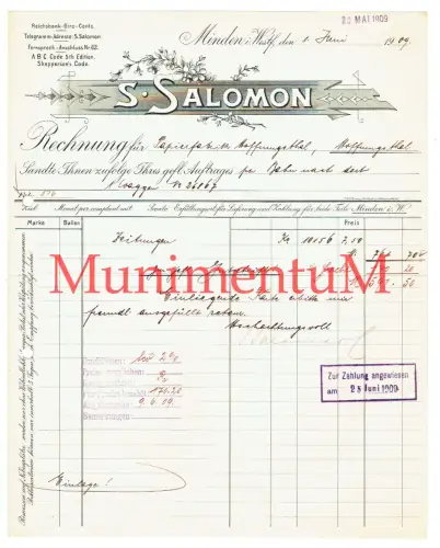 S. Salomon MINDEN Rechnung über ZEITUNGEN Papierfabrik Hoffnungsthal 1909 R241