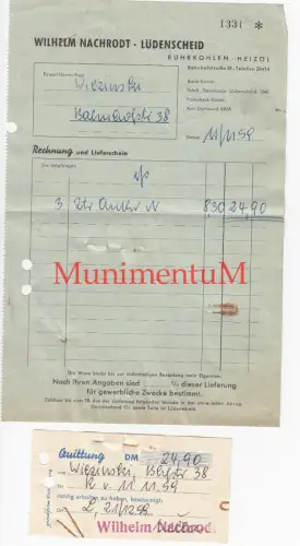 Ruhrkohlen & Heizöl Wilhelm Nachrodt LÜDENSCHEID - Rechnung 1959 Quittung