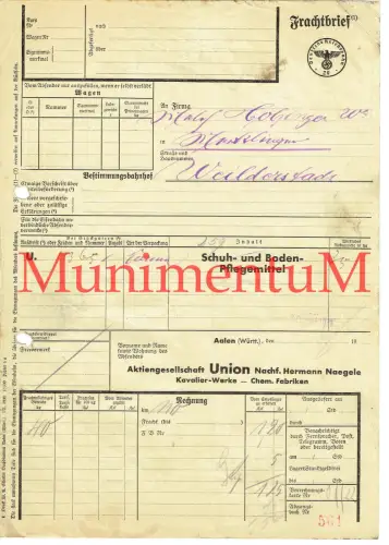 Frachtbrief 1939 AG Union Nachf. H. Naegele Kavalier-Werke Chem. Fabriken AALEN