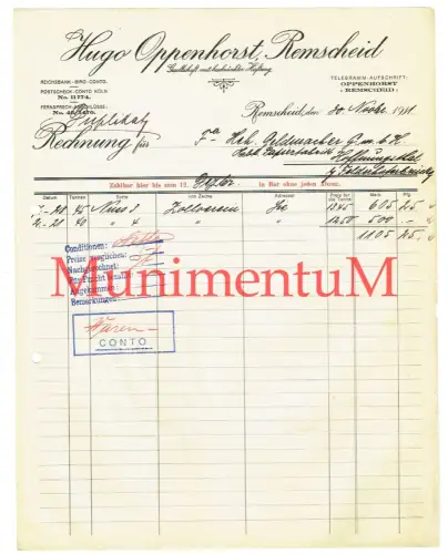Hugo Oppenhorst REMSCHEID Zeche Zollverein Rechnung 1911 Papierfabrik R238