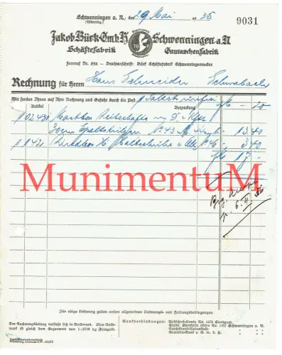 Jakob Bürk Schäftefabrik Gamaschenfabrik SCHWENNINGEN a.N. Rechnung 1935 #89