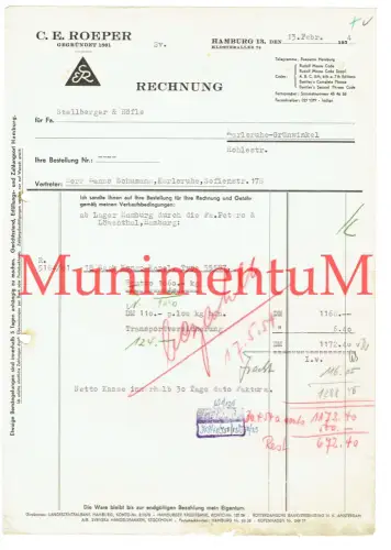 C.E. Roeper HAMBURG gegr. 1891 Rechnung 1954 Fa. Peters & Loewenthal Kongo-Kopal