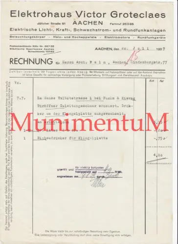 Elektrohaus Rundfunkanlagen V. Groteclaes AACHEN - Rechnung 1939 Türöffner