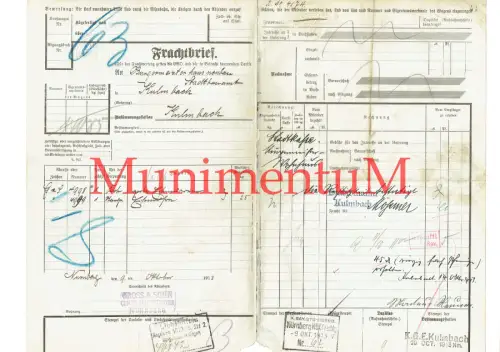 Frachtbrief 1913 Centralheizungen Gross & Sohn NÜRNBERG an Stadtbauamt KULMBACH