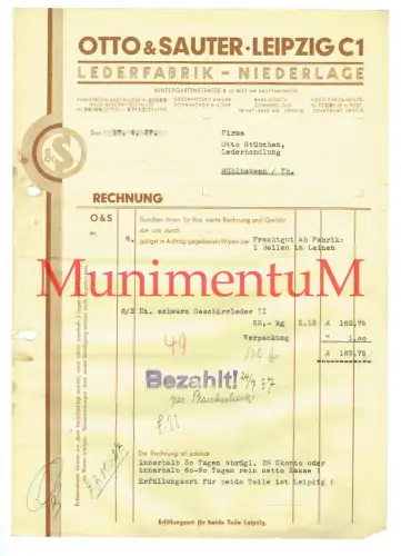 Rechnung Otto & Sauter Lederfabrik NIEDERLAGE b. LEIPZIG 1937 Mühlhausen  R198
