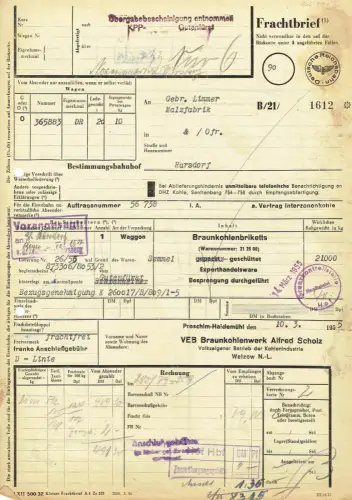 Frachtbrief DDR 1955 VEB BRAUNKOHLENWERK PROSCHIM-HAIDEMÜHL HARSDORF #119