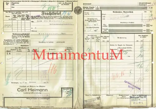 Frachtbrief Carl Heimann Ledergroßhandlung MEININGEN 1938 Mühlhausen R206