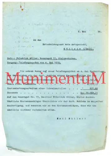 Entschuldungsamt GÜSTROW 1939 - Schreiben Bauerngut Friedrich Möller GIELOW