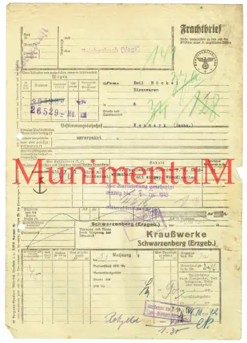 Frachtbrief 1943 Kraußwerke SCHWARZENBERG i. Erzgebirge - Wannen m. Wärmflaschen