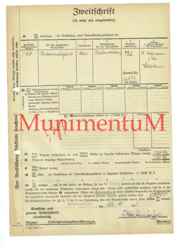 Fa. HOFFMANN SCHLOTHEIM Jutemischgurte 1938 Antrag Bedarfsdeckungsschein R169